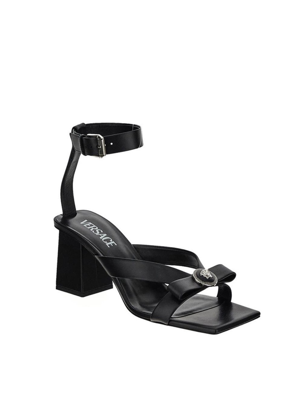 Versace Black Leather Square-Toe Medusa Heel Sandals